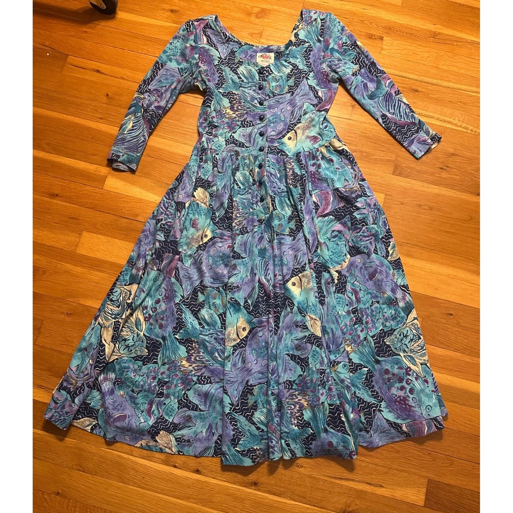Lanz Originals Vintage Fish Print Midi Dress Blue Purple Shoulder Pads USA